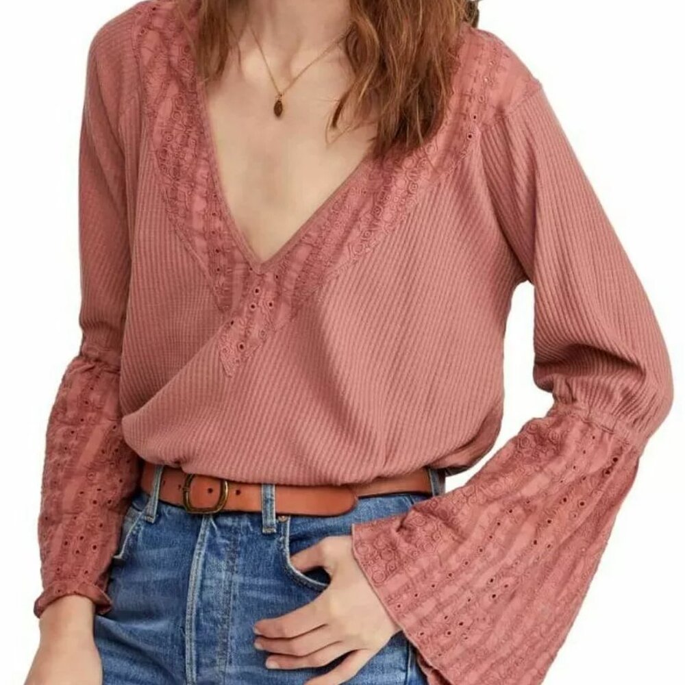 FREE PEOPLE PARISIAN NIGHTS BELL SLEEVE EYELET BOHO TOP SIZE S  MADE IN INDIA